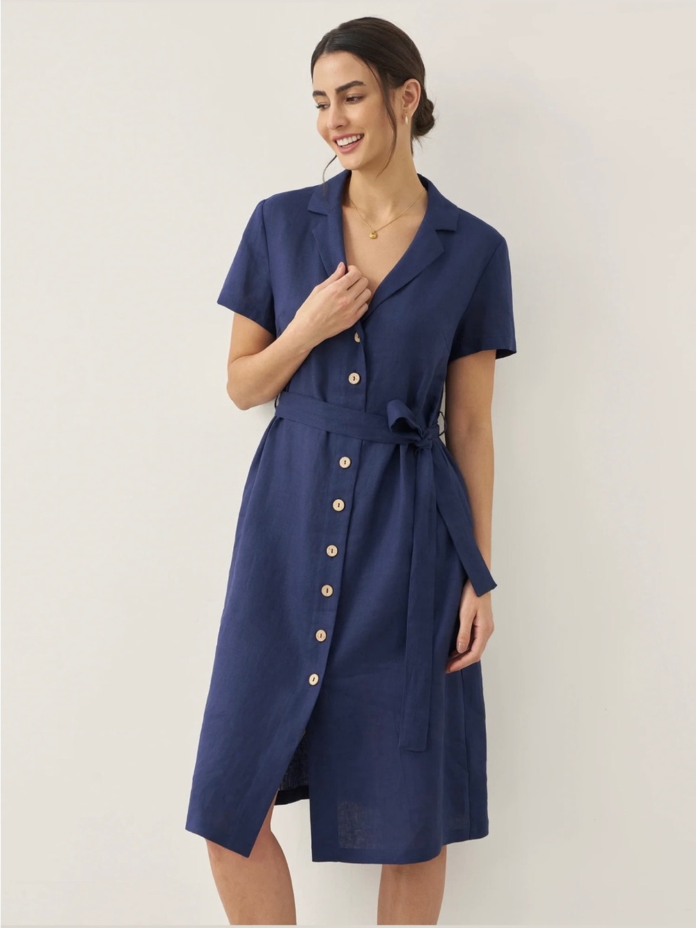 100% Linen V-Neck Button-Front Shirt Dress with Tie Waist
